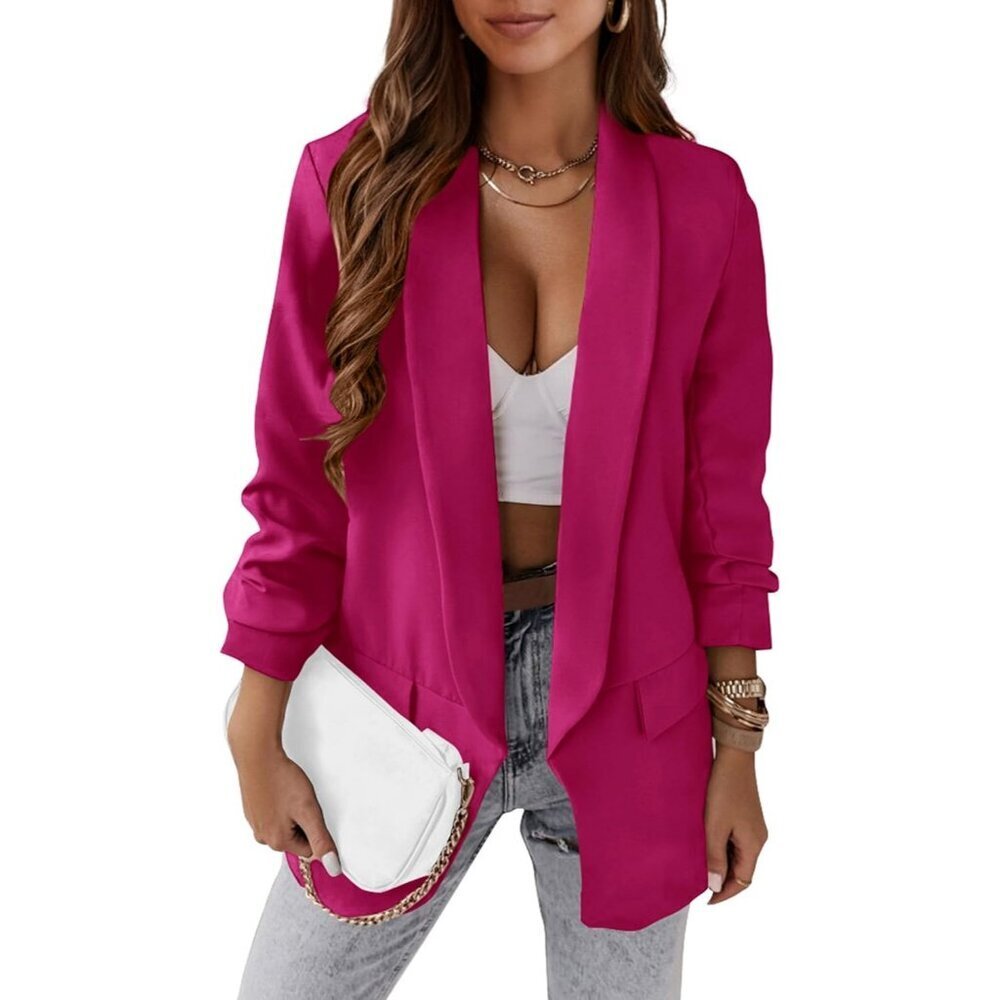 Women's Rose Red Casual Blazer Spring Fall Fashion Long Sleeve Open Front Work
